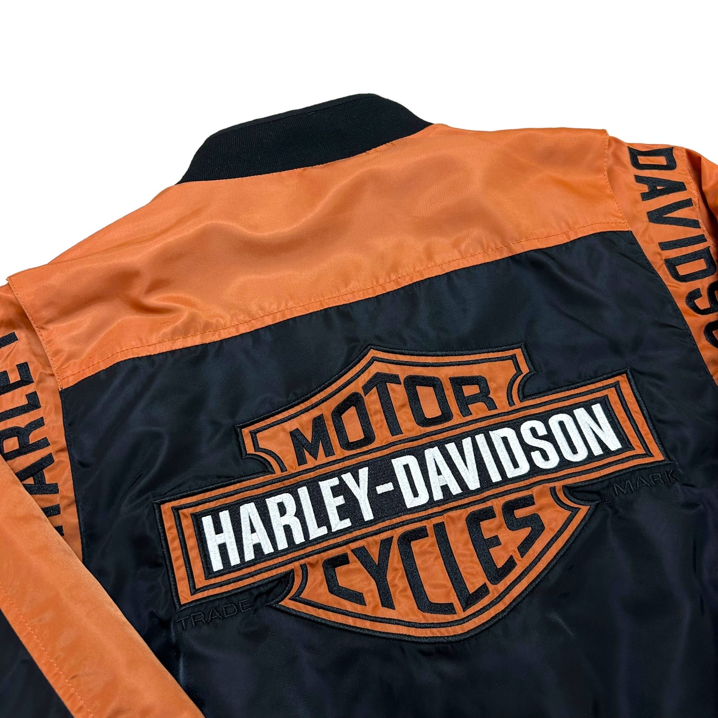 Late 2000s Harley Davidson Black/Orange Embroidered Bomber Style Jacket - Size Medium (Fits M/L)