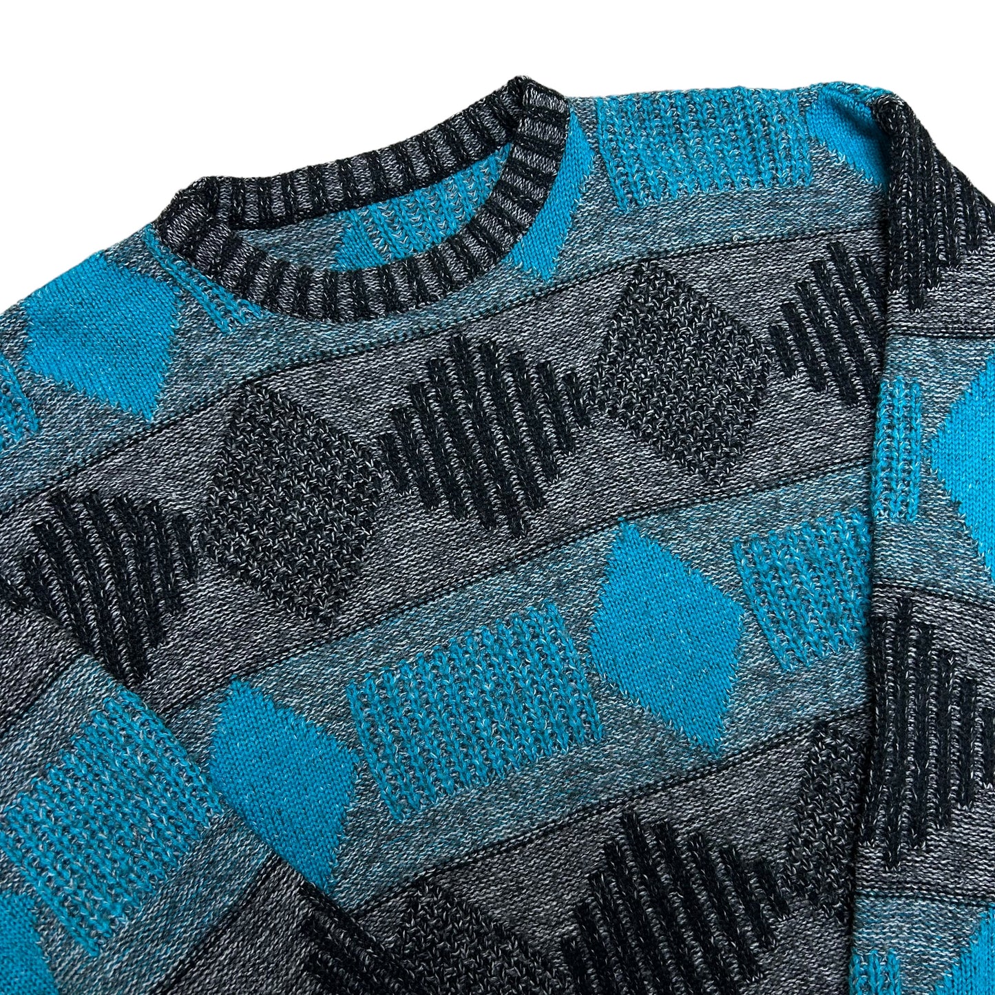 Vintage 1990s Grey/Black/Cyan Geometric Pattern Knit Sweater - Size  Large