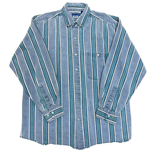 Vintage Y2K “Santana Blue” Blue Striped Long Sleeve Button Up Shirt - Size Medium (Fits Large)