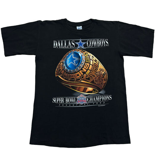 Vintage 1990s Dallas Cowboys Super Bowl XXVII Championship Ring Black Graphic T-Shirt - Size Large