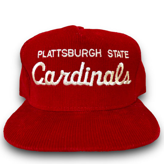 Vintage 1990s Plattsburgh State Cardinals Script Logo Red Corduroy Snapback Hat