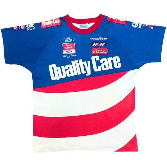 Vintage 1990s Dale Jarrett Ford Quality Care Racing Blue/White/Red All over Print T-Shirt - Size XL (Fits XL/XXL)