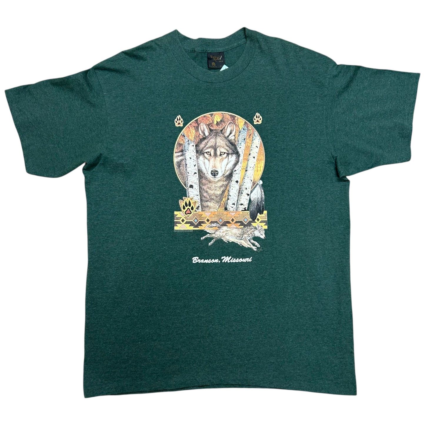 Vintage 1990s Branson, MO Green Wolf Graphic T-Shirt - Size XXL