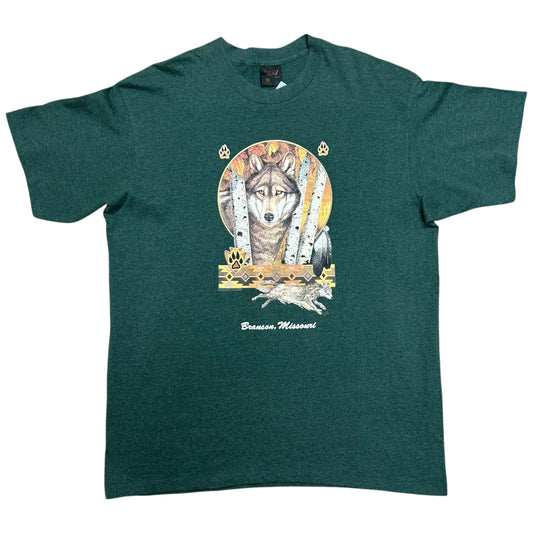 Vintage 1990s Branson, MO Green Wolf Graphic T-Shirt - Size XXL