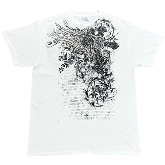 Modern Y2K/Affliction Style White Graphic T-Shirt - Size Large (Fits L/XL)