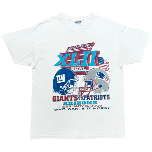 Late 2000s Super Bowl XLII (42) Giants vs. Patriots White Graphic T-Shirt - Size Large