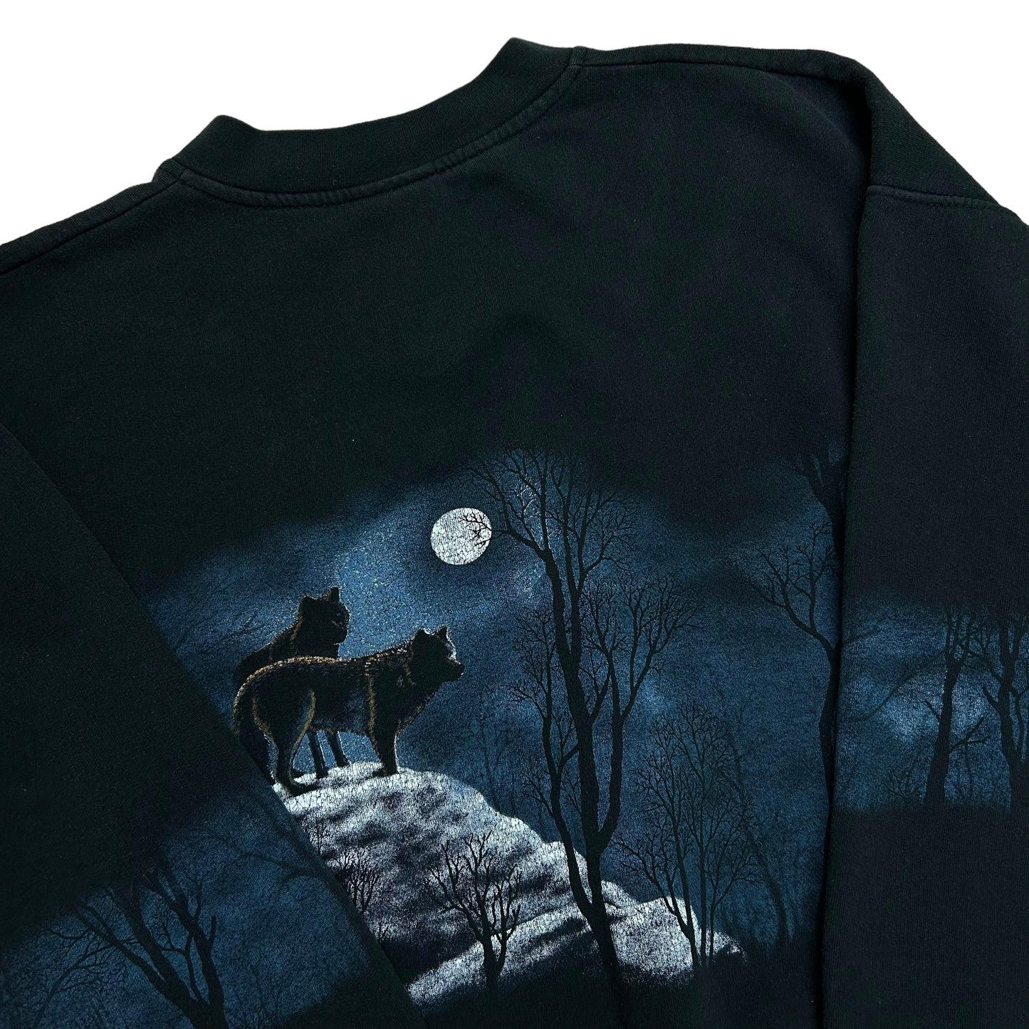 Vintage 1990s “Art Unlimited” Wolf Nature Graphic Black AOP Sweatshirt - Size Large (Fits M/L)