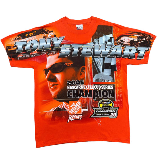 Mid-2000s Tony Stewart NASCAR Nextel Cup Series Champion Orange All Over Print Graphic T-Shirt - Size Large