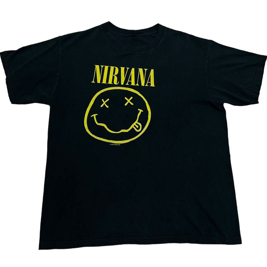 Early 2000s Nirvana Black Smiley Face Logo Graphic T-Shirt - Size Large