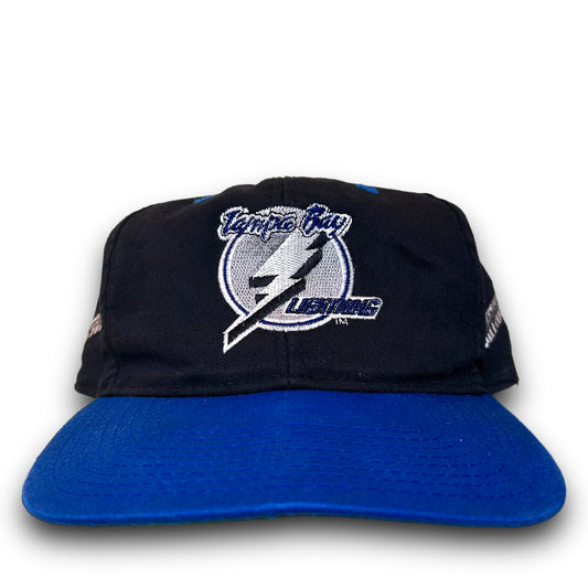 Vintage 1990s Twins Enterprises Tampa Bay Lightning Black/Blue Embroidered Snapback Hat - One Size