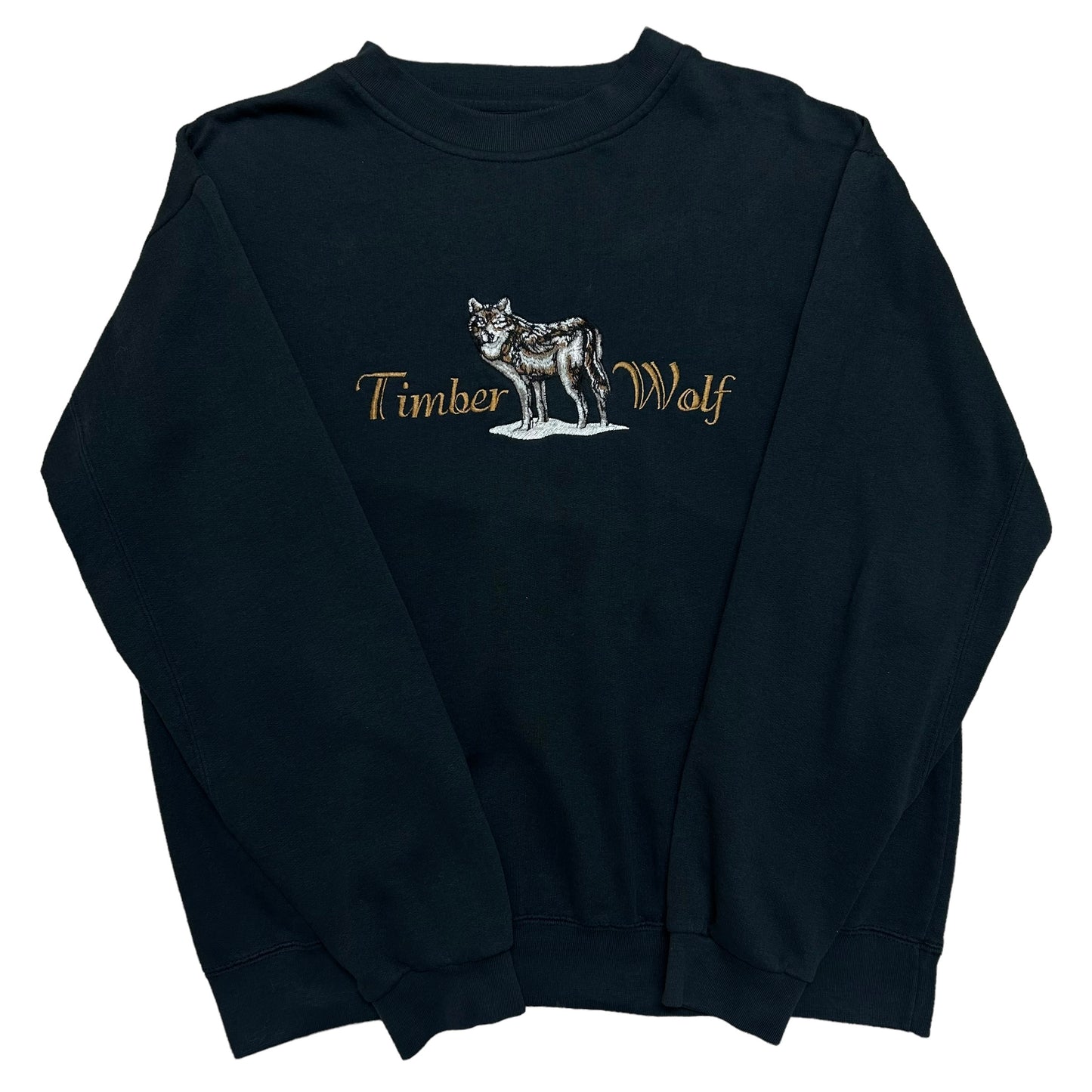 Late 2000s Coldwater Creek Timer Wolf Embroidered Black Crewneck Sweatshirt - Size Large (Boxy Fit)