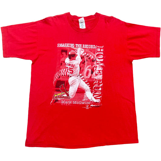 Vintage 1990s Mark McGwire “Smashing The Record” Red Graphic T-Shirt - Size XL